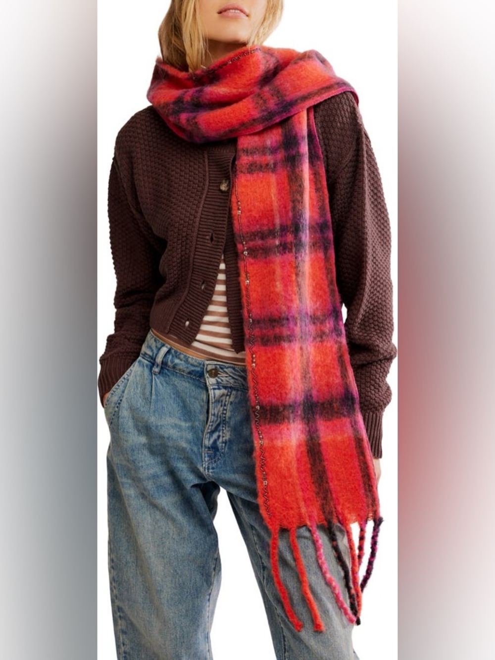 1009. FREE PEOPLE Highland Plaid Skinny Scarf NWT $48